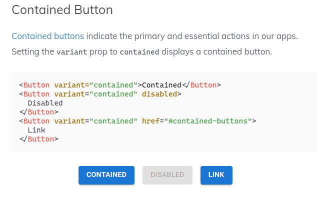 Explaining contained buttons in the Material UI button tutorial.