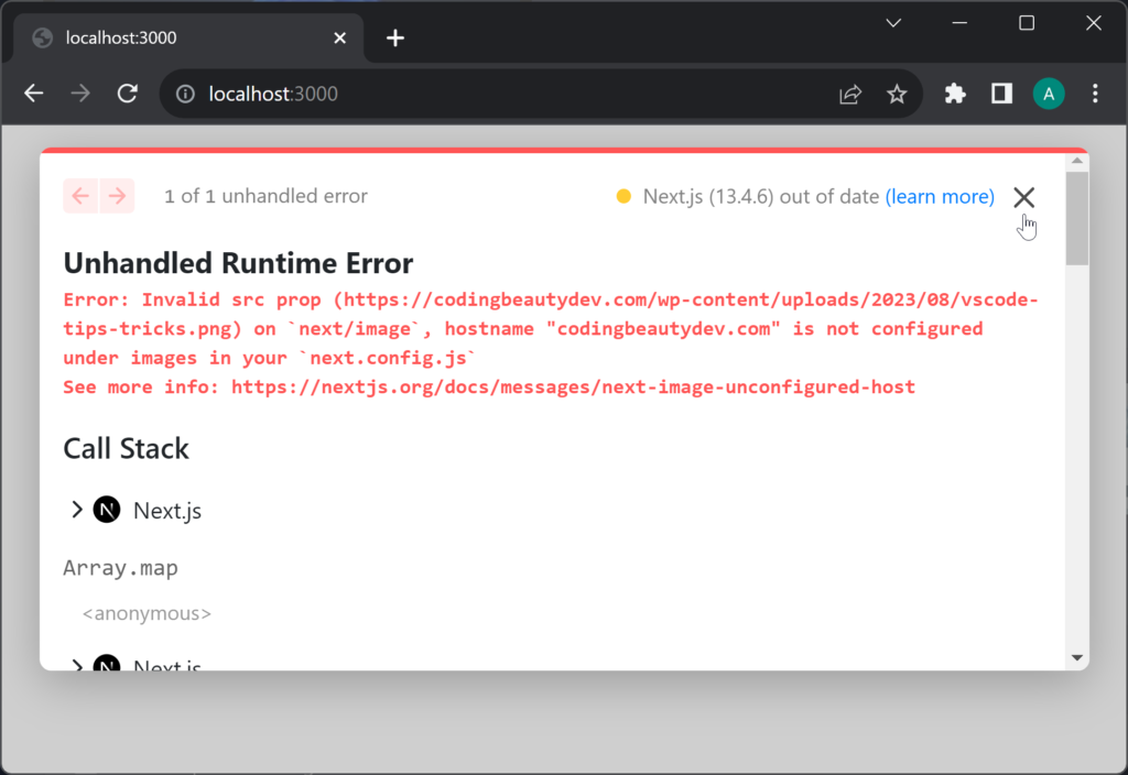 The "hostname is not configured under images in your next.config.js" error occuring in a Next.js application.