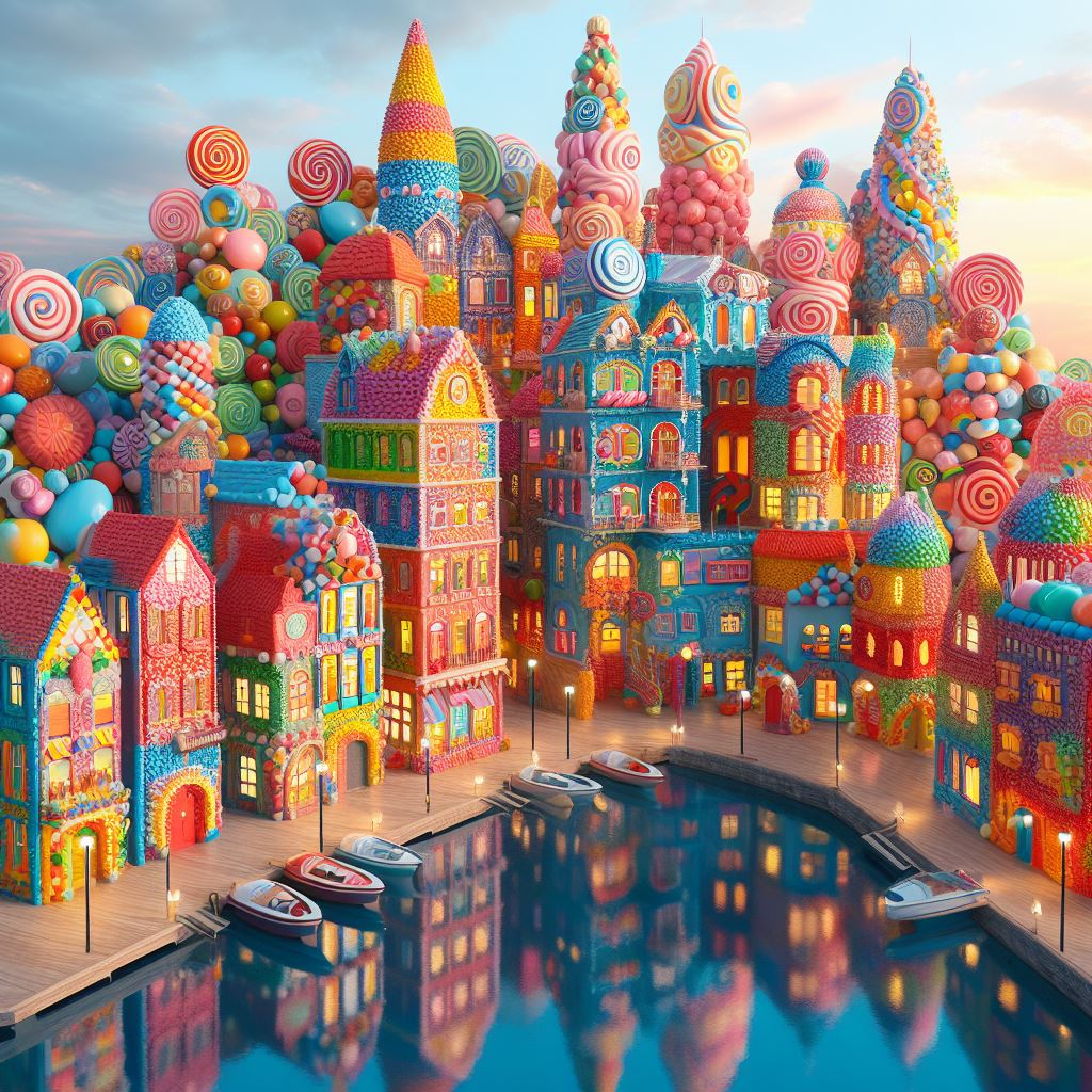 DALLE-3 prompt: “A beautiful city with buildings made of different, bright, colorful candies and looks like a wondrous candy land”.