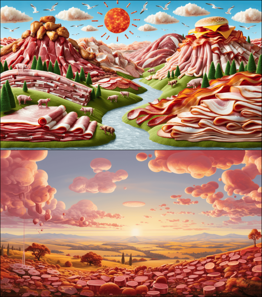 DALLE-3 (top) vs Midjourney (bottom). Prompt: "A vast landscape made entirely of various meats spreads out before the viewer. tender, succulent hills of roast beef, chicken drumstick trees, bacon rivers, and ham boulders create a surreal, yet appetizing scene. the sky is adorned with pepperoni sun and salami clouds".