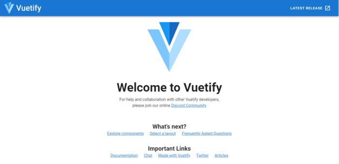 A web page made with the standard Vuetify app boilerplate.