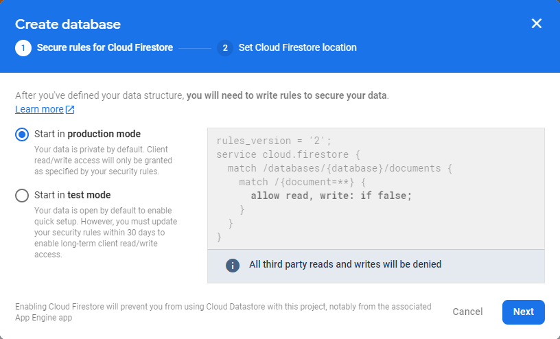 The dialog to create the Firestore database.