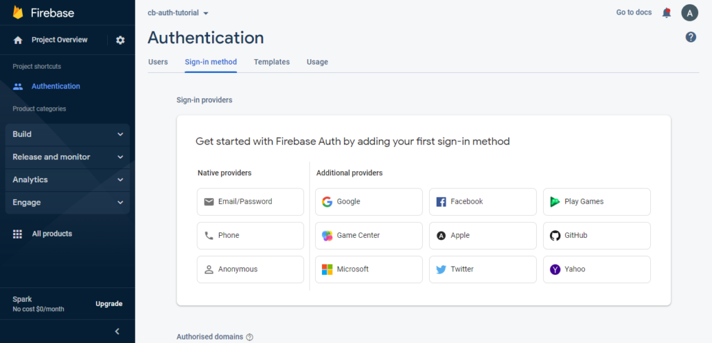 The screen in the Firebase console to add the first sign-in method.