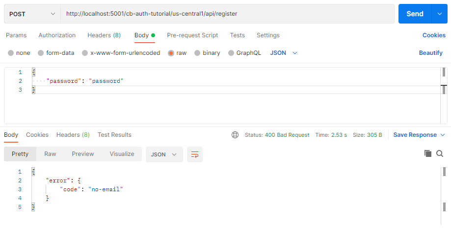 Testing the /register API endpoint with Postman.