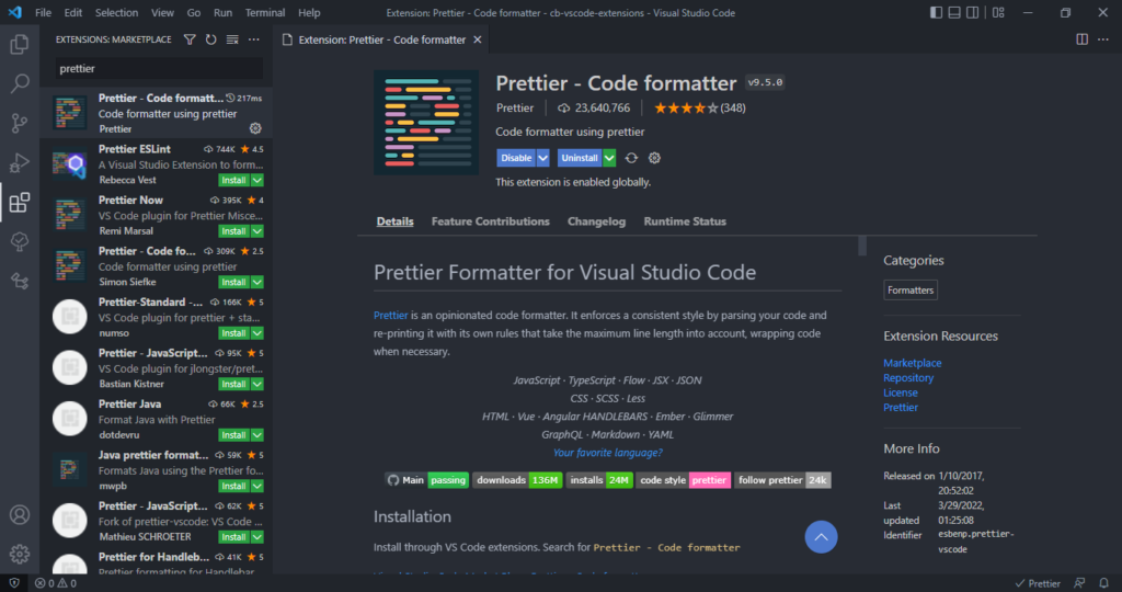 The Prettier extension for Visual Studio Code.