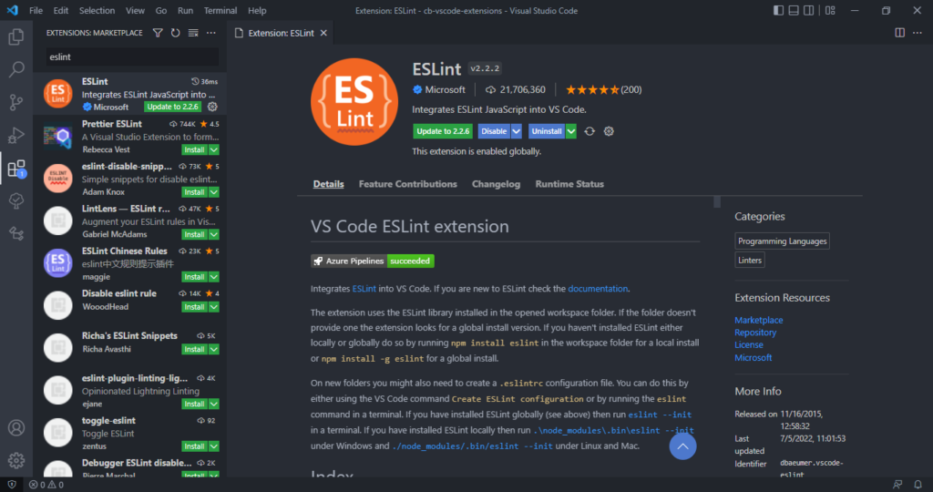 The ESLint extension for Visual Studio Code.