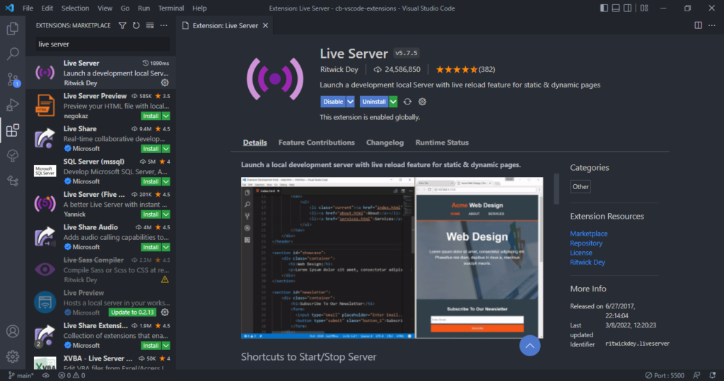 The Live Server extension for Visual Studio Code.