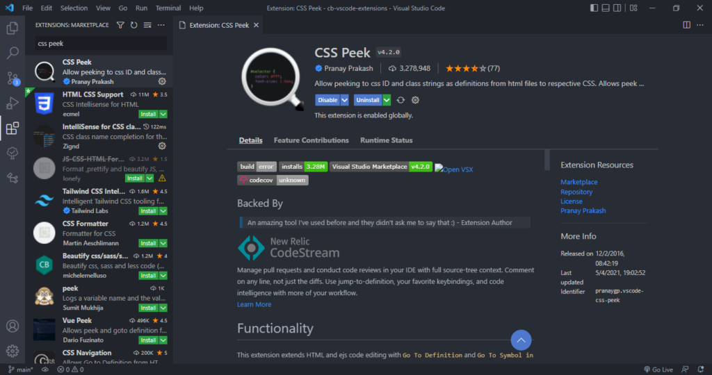 The CSS Peek extension for Visual Studio Code.