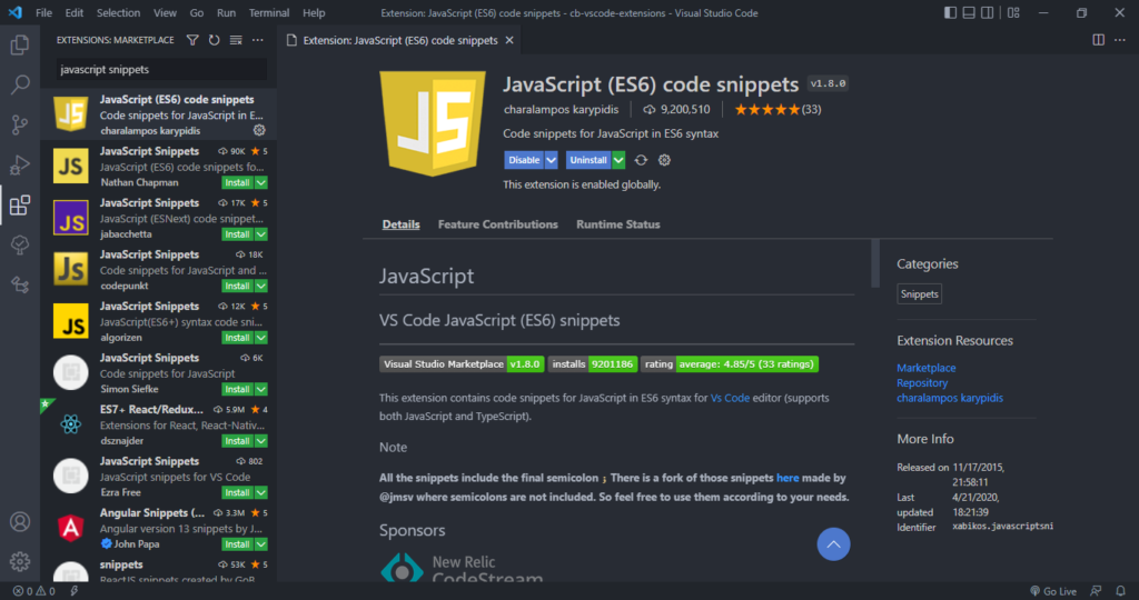 JavaScript (ES6) Code Snippets Extension for Visual Studio Code.