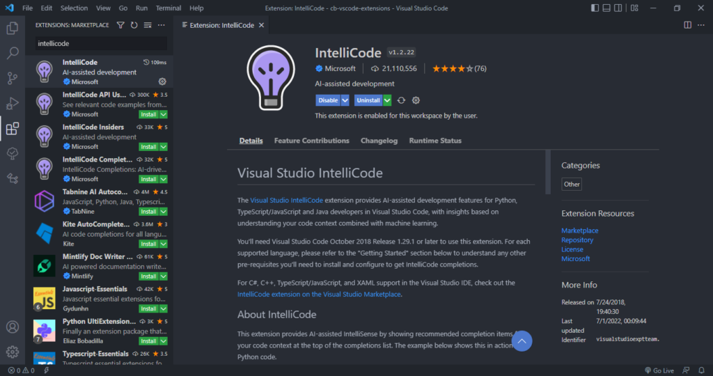 The Visual Studio Intellicode extension for Visual Studio Code.