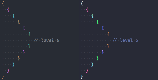 Left: bracket pair colors in One Dark Pro theme. Right: bracket pair in Dracula theme. 