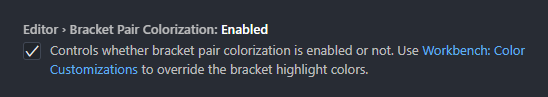 The bracket pair colorization option in the VSCode Settings UI.