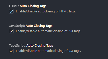 Settings for auto closing in the VSCode Settings UI.