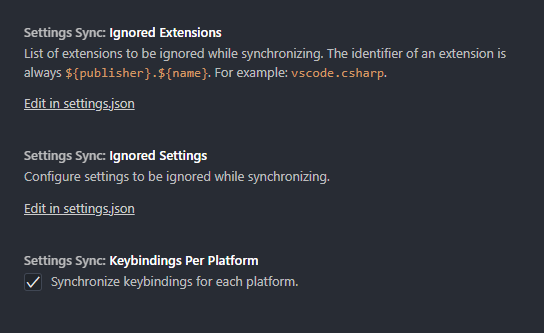 Settings Sync options in the Settings UI.