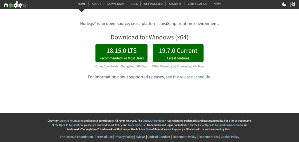 The Node.js download page on the official website.