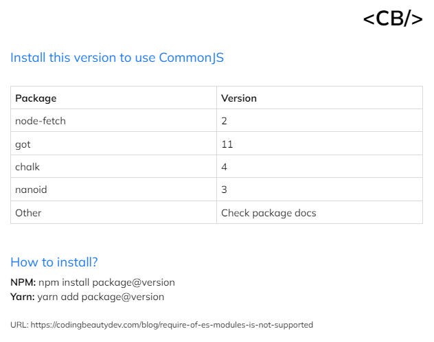 The version of popular packages to install that last supported CommonJS.