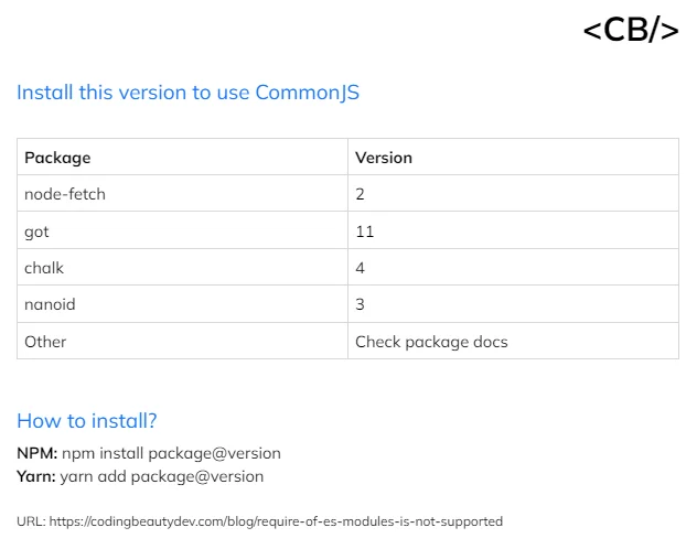 The version of popular packages to install that last supported CommonJS.