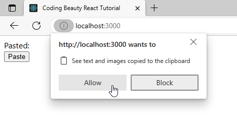 Browser shows popup to grant clipboard permissions.
