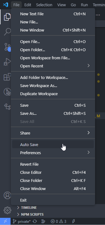 File > Autosave enables autosave in VS Code.