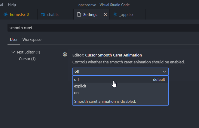 The "Editor: Cursor Smooth Caret Animation" setting enables smooth caret animation in Visual Studio Code.