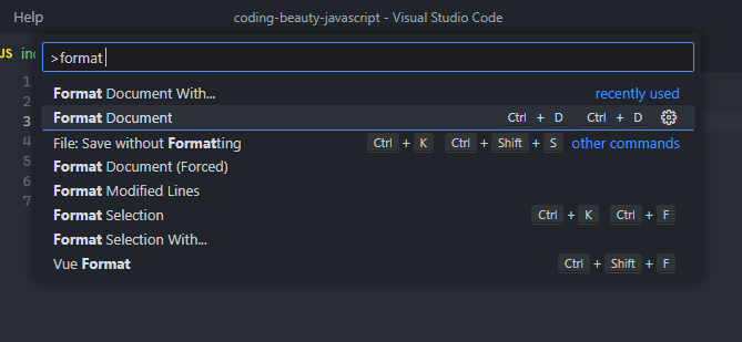 The "Format Document" command in the VS Code Command Palette.