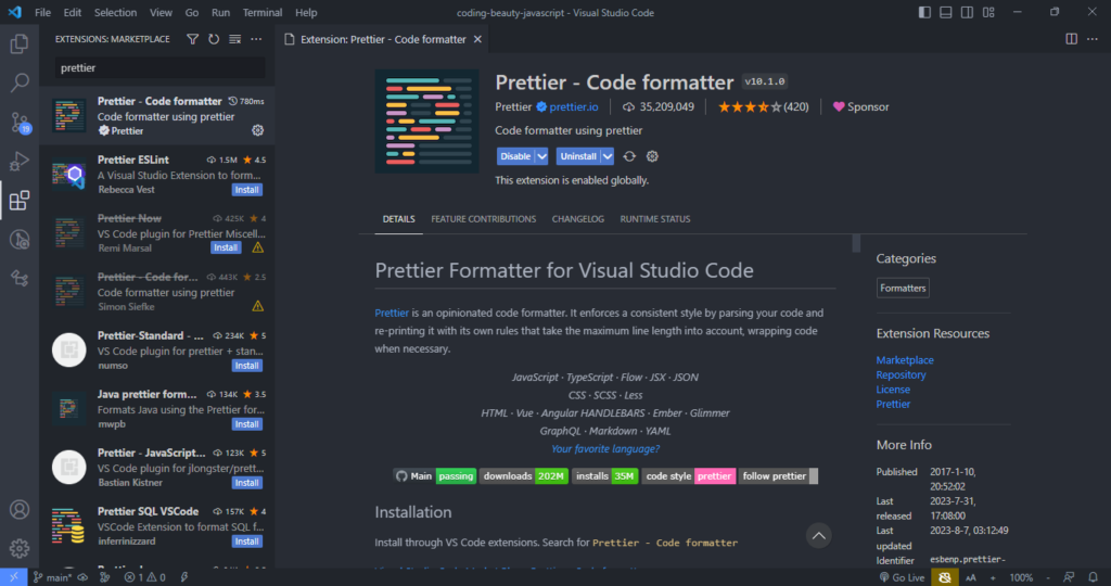 The Prettier formatter for VS Code.