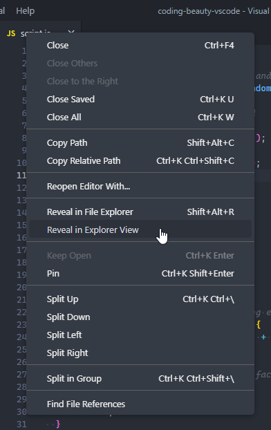 Reveal the current file with the VS Code active editor context menu.