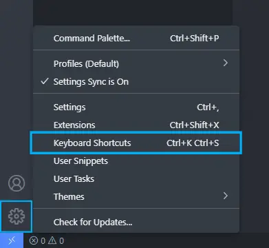 Opening the Keyboard Shortcuts page from the Manage popup in VS Code.