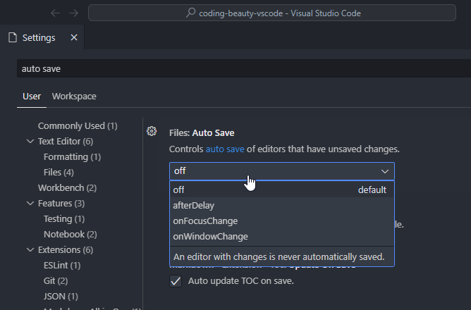 Using the `Files: Auto Save` option in VS Code Settings.