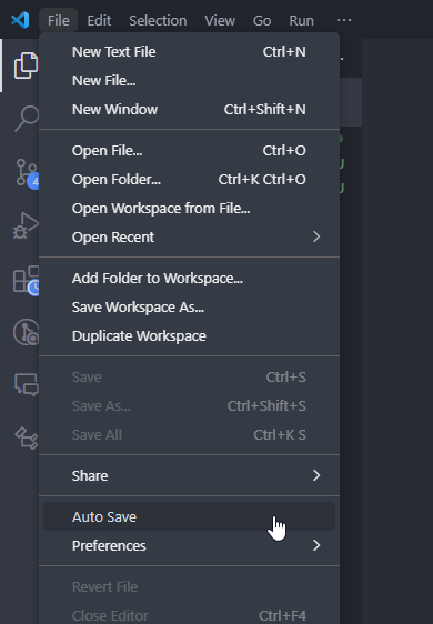 The `File > Auto Save` option in Visual Studio Code enables/disables autosave.