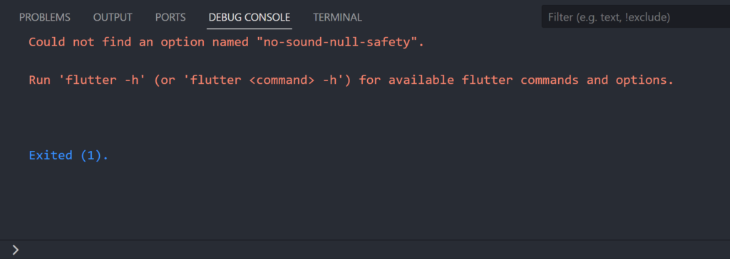 The "Could not find an option named no-sound-null-safety" occurring in VS Code.